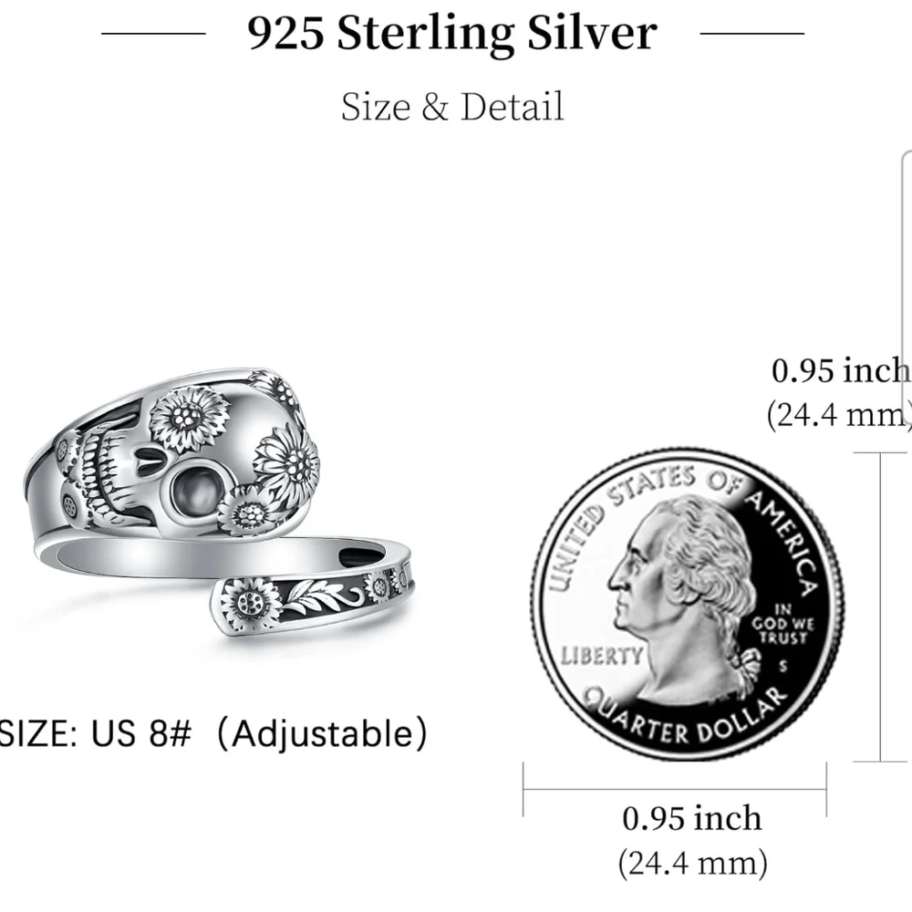Silver Skull Spoon Ring with Floral Detail - Adjustable - Picture 2 of 6
